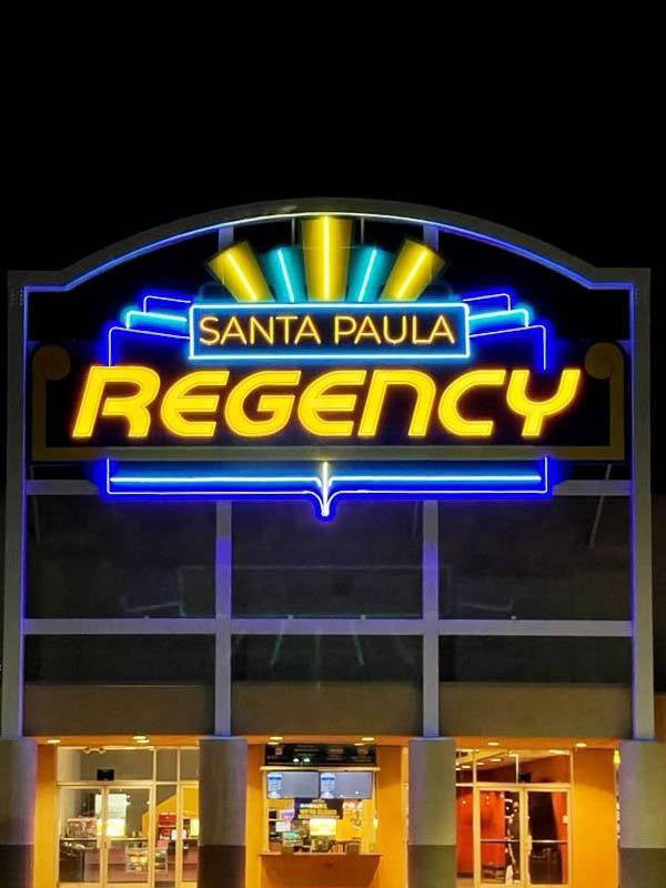LED neon signs use the latest neon flex technology for low energy consumption. This Regency sign is an LED neon sign in Santa Paula, CA by Dave's Signs.