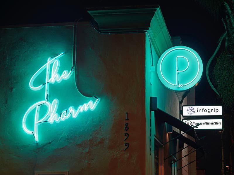 Outdoor neon signs for The Pharm in Ventura, California by Dave's Signs.