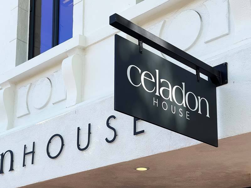 Celadon House projecting blade sign in Santa Barbara, California.