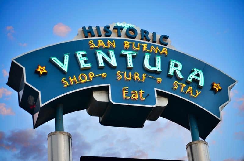 A close up view of the Ventura sign.
