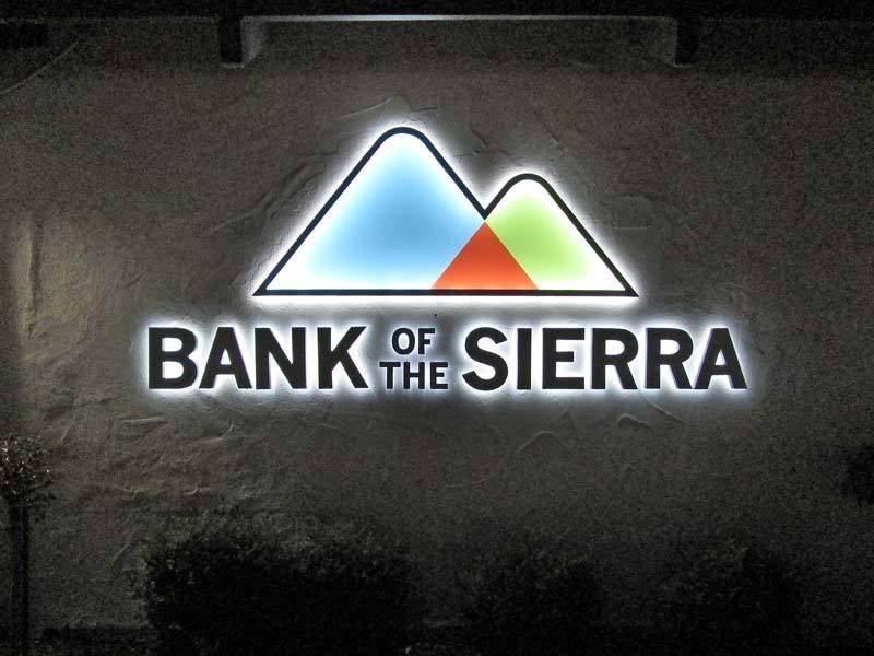 Bank of the Sierra channel letter sign uses a combination of both front-lit and halo-lit lighting (aka reverse-lit).