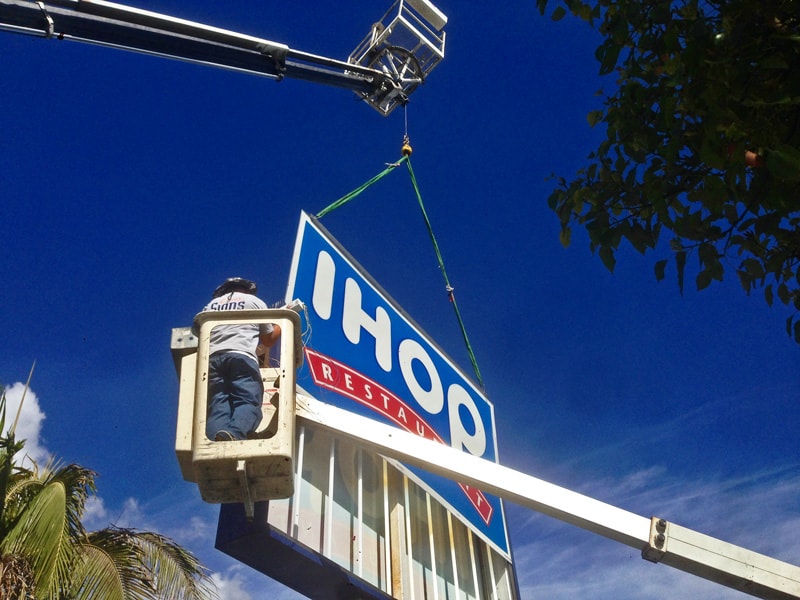 Sign repair services include printing new acrylic faces and replacing faulty lightbulbs.