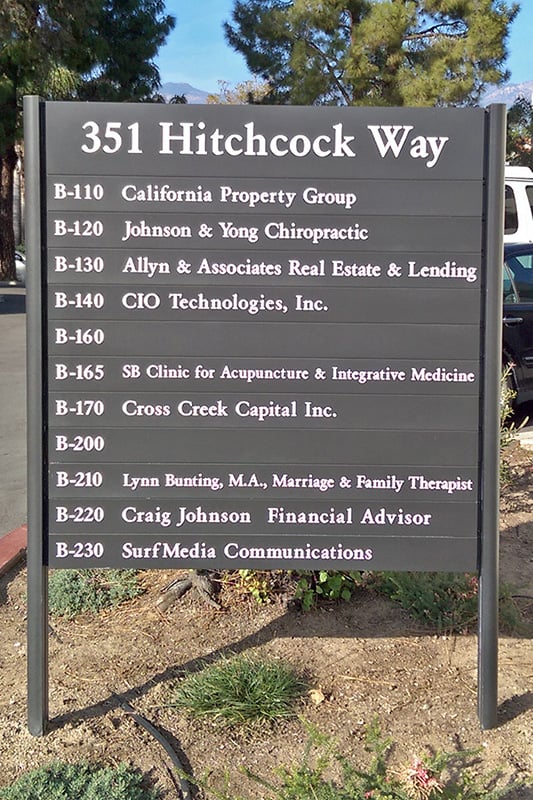 351 Hitchcock Way office directory post and panel sign in Santa Barbara, California.