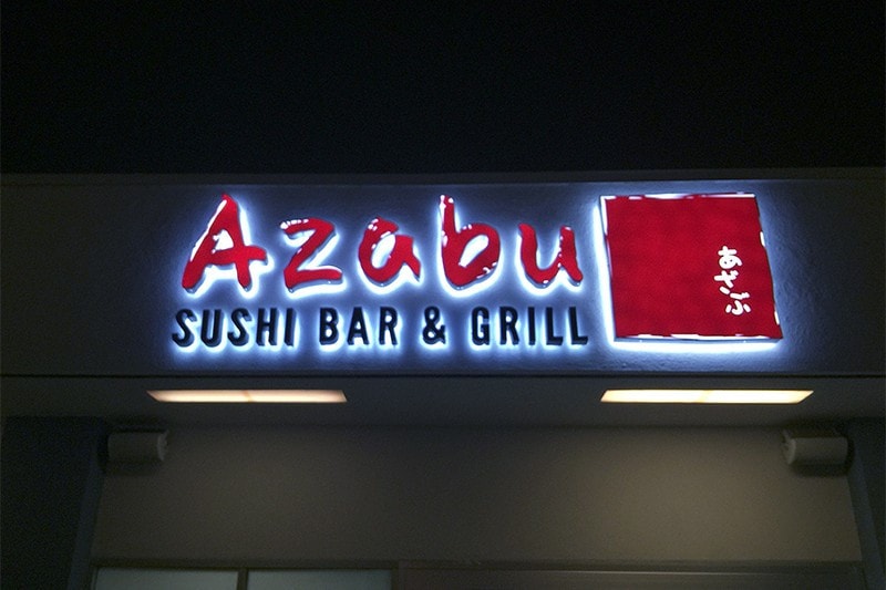 Azabu Sushi Bar & Grill in Marina del Rey uses a combination for their custom channel letter sign.