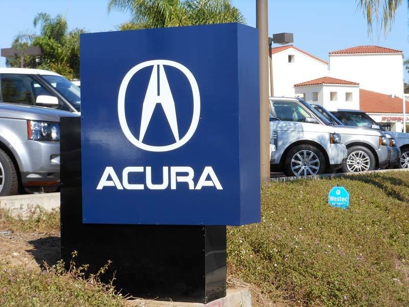 The Acura Dealership in Santa Barbara uses a metal monument sign and is illuminated with a lightbox.