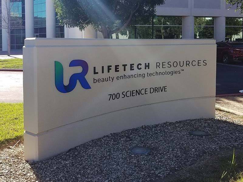 Lifetech Resources in Moorpark uses a series of concrete architectural signage throughout the property for branding and wayfinding.