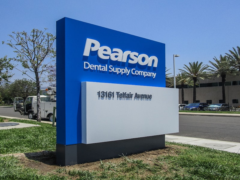 Pearson Dental Supply Company custom monument sign in Sylmar, California. Potential customers have no problem seeing this sign.