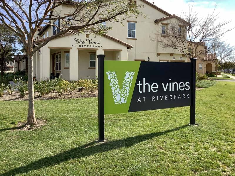 Post and panel sign for the Vines at Riverpark in Oxnard, CA. We developed all the signs for Oakwood Communities in Oxnard.